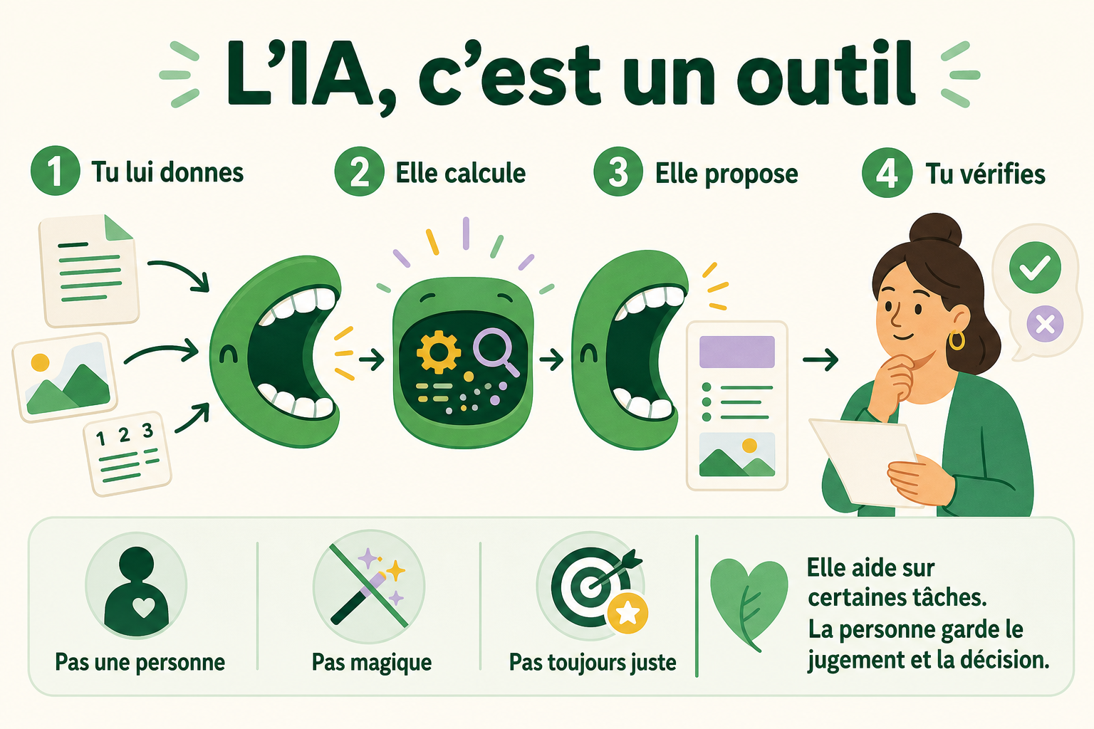 Infographie expliquant que l’intelligence artificielle est un outil : on lui donne des informations, elle calcule et propose un résultat, puis une personne vérifie et décide