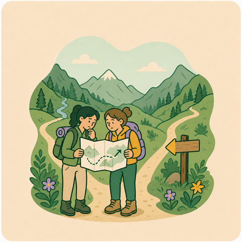 Deux randonneuses comparent une carte qui indique la droite avec un panneau qui indique la gauche.